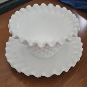 Vintage Fenton Milk Glass White Ruffled Edge Bowl and Plate Set